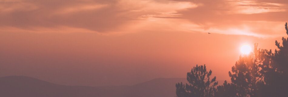 sunset sky over mountainous terrain with growing trees